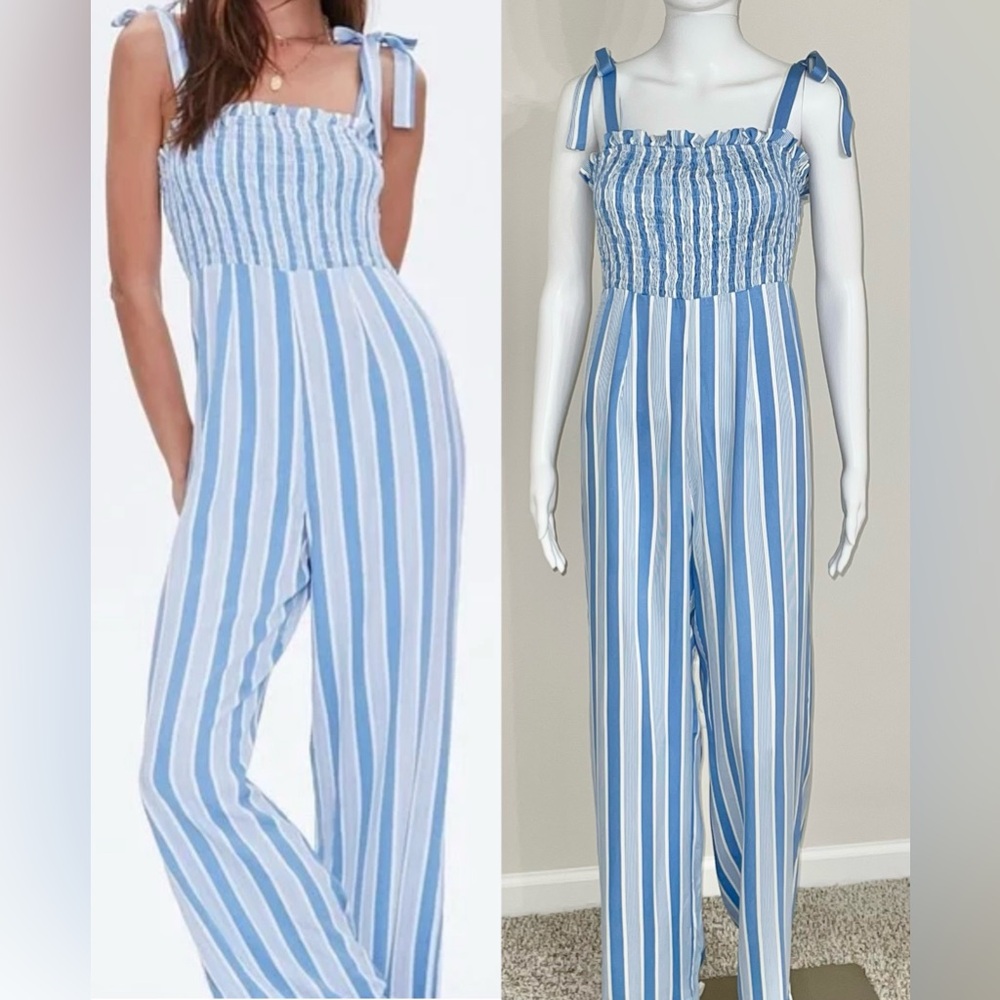 NWT Forever 21 Bridge Blue White Striped Wide-Leg Smocked Jumpsuit Size M